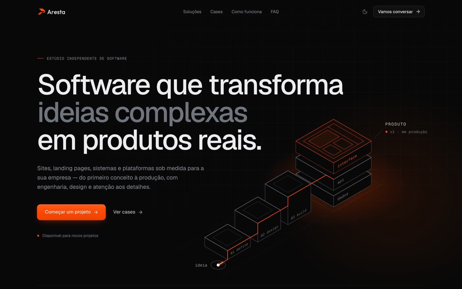 Home do Aresta Studio no modo escuro: título sobre transformar ideias complexas em produtos reais, com ilustração isométrica.
