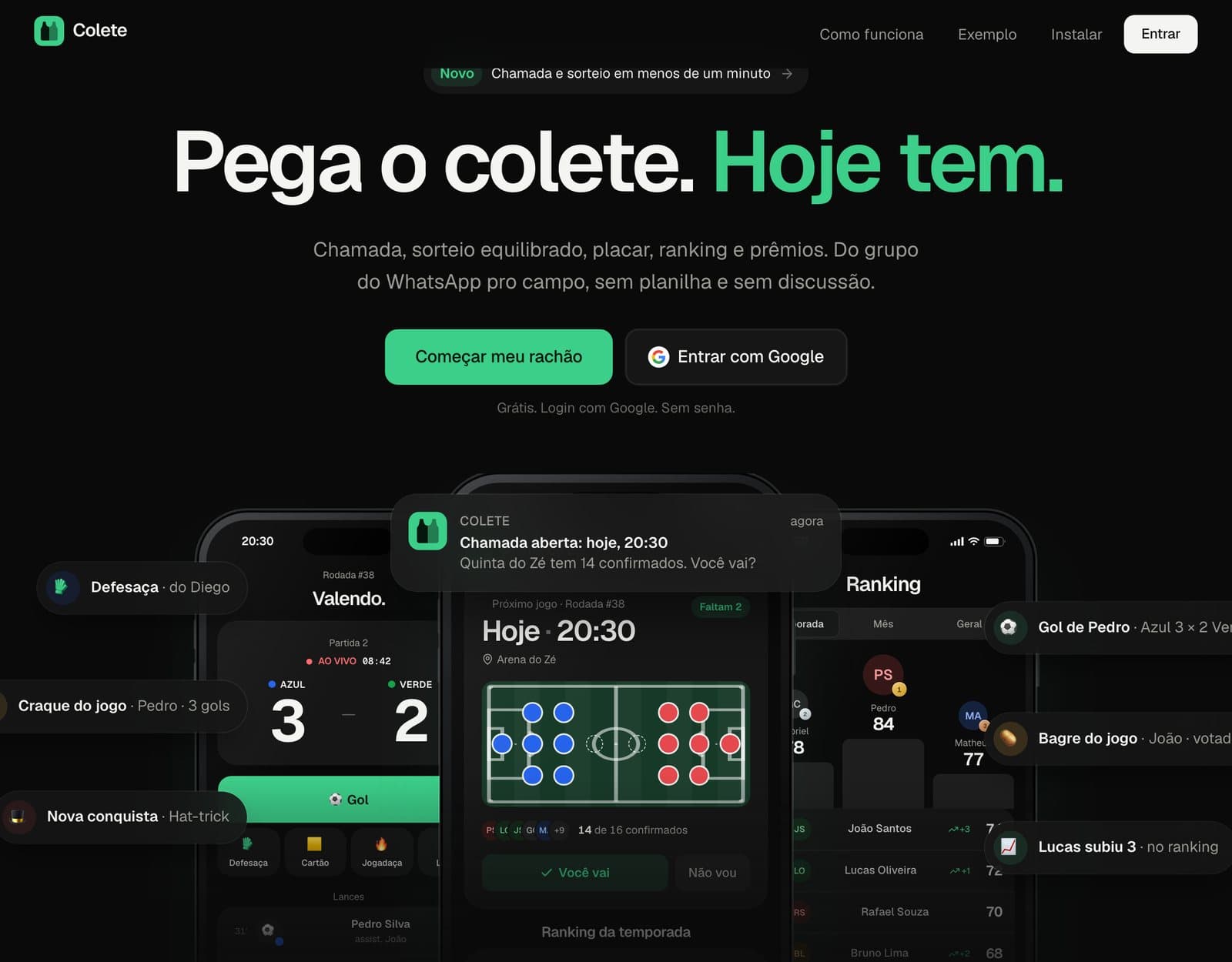 Landing page do Colete: título, login com Google e celulares mostrando a tela de jogo ao vivo.
